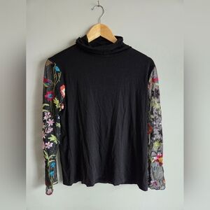 Vintage Black Mock Neck Top Sheer Floral Embroidered Mesh Sleeves Whimsigoth Y2k